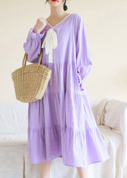Purple V Neck Patchwork Cotton Maxi Dress Long Sleeve