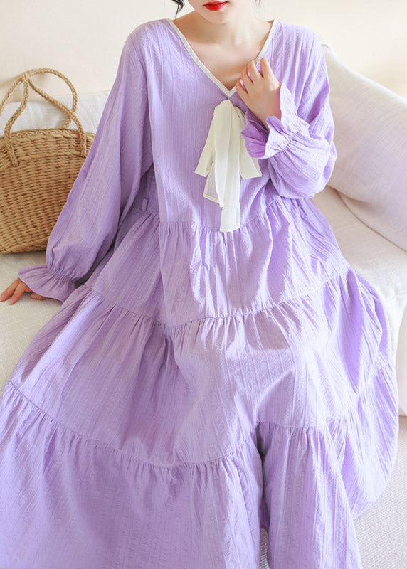 Purple V Neck Patchwork Cotton Maxi Dress Long Sleeve