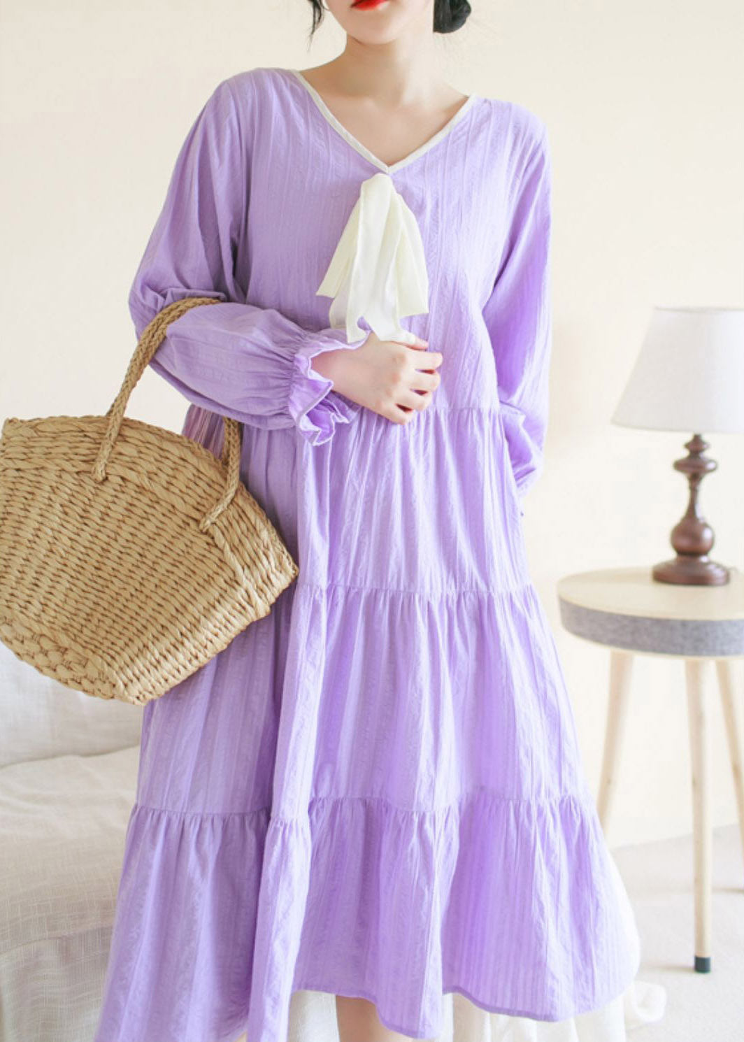 Purple V Neck Patchwork Cotton Maxi Dress Long Sleeve