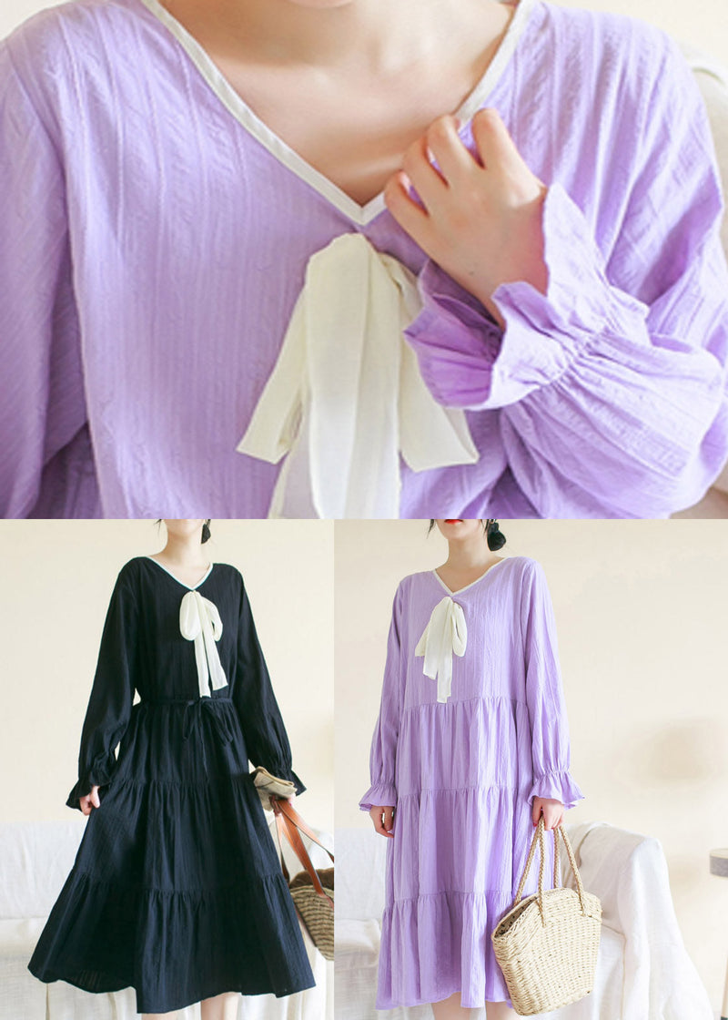 Purple V Neck Patchwork Cotton Maxi Dress Long Sleeve