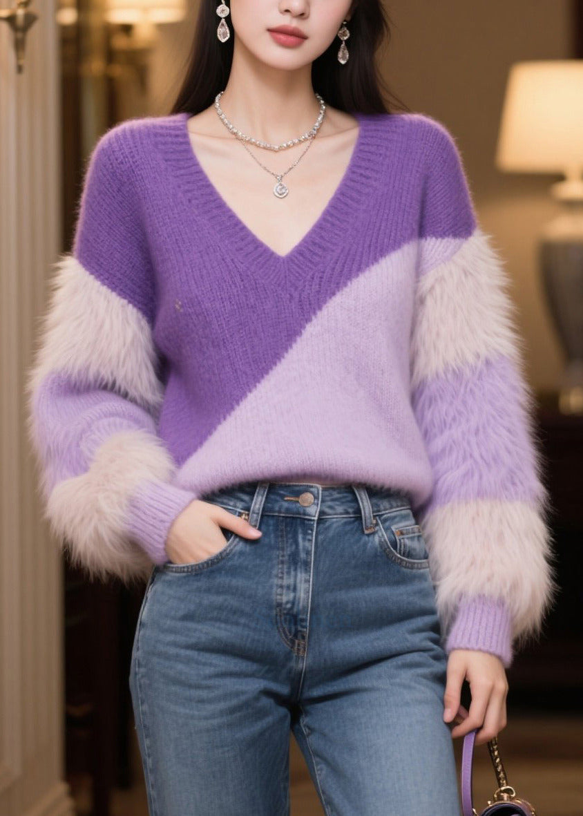 Purple V Neck Patchwork Faux Fur Short Sweater Winter