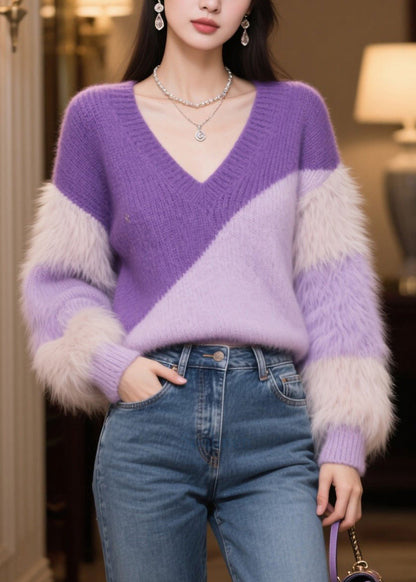 Purple V Neck Patchwork Faux Fur Short Sweater Winter