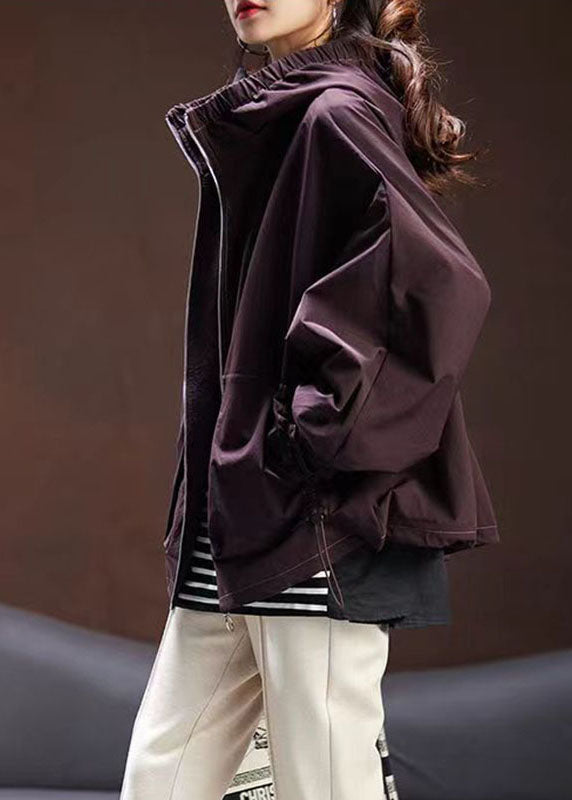 Purple Zippered Patchwork Drawstring Hooded Coat Fall