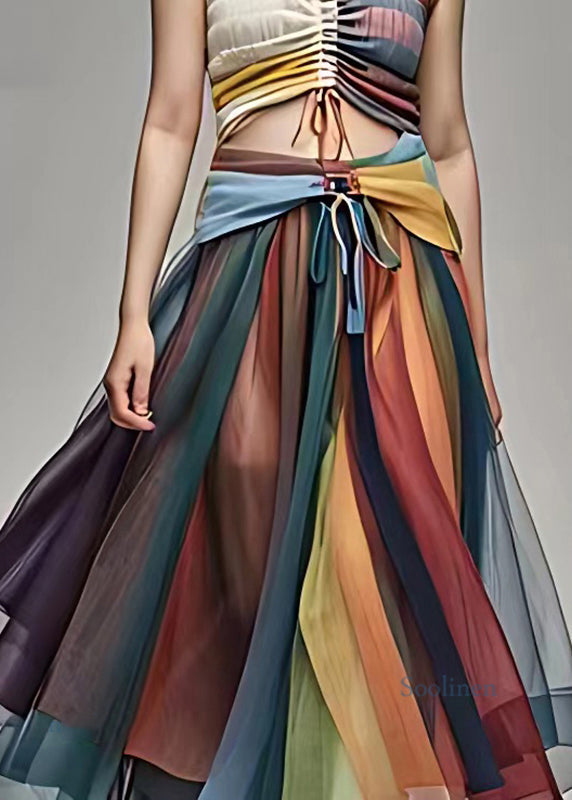 Rainbow High Waist Tie Waist Chiffon Maxi Skirt Summer