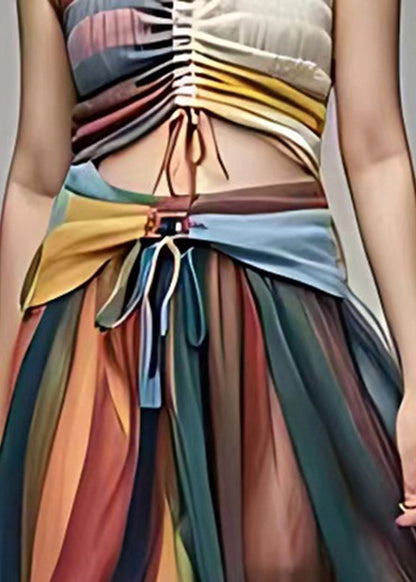 Rainbow High Waist Tie Waist Chiffon Maxi Skirt Summer