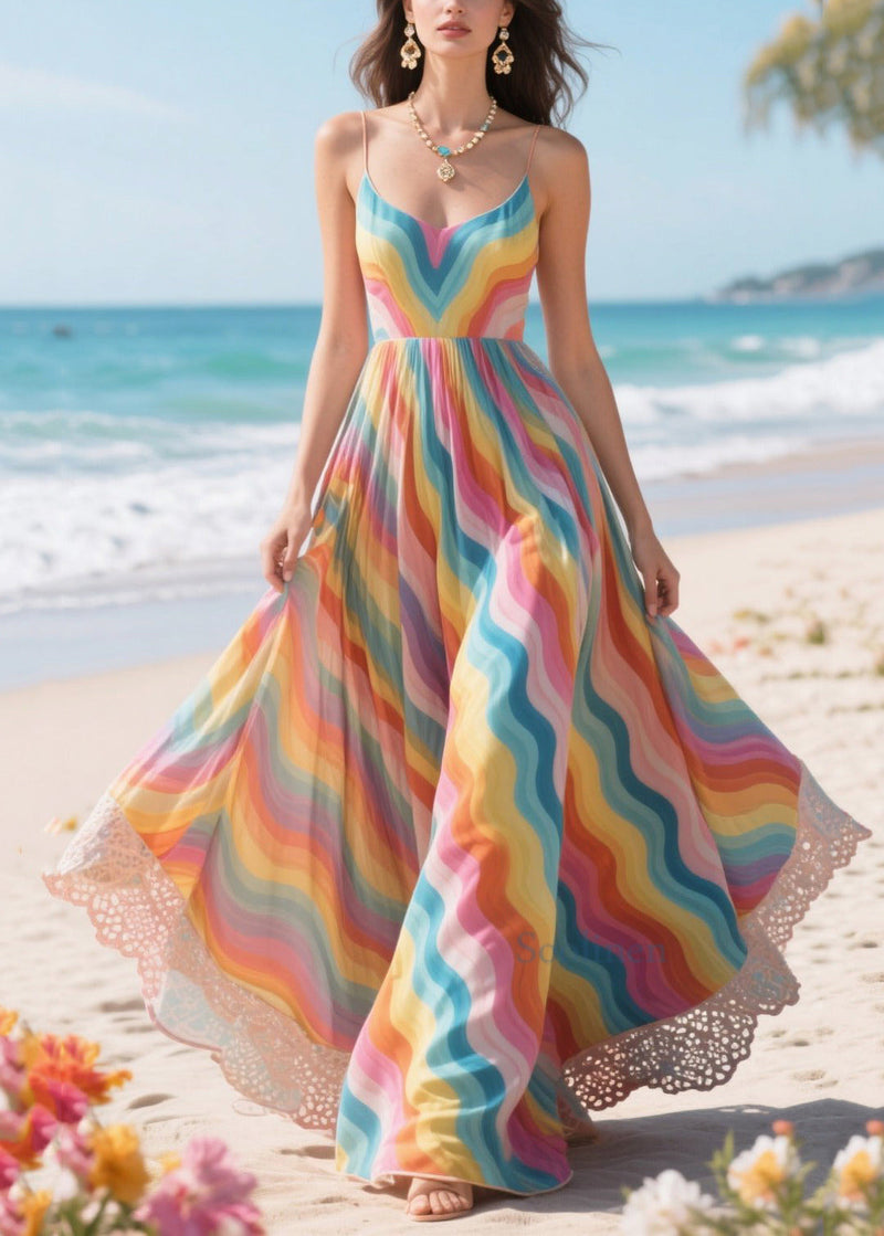 Rainbow Patchwork Exra Large Hem Chiffon Vacation Dress Summer