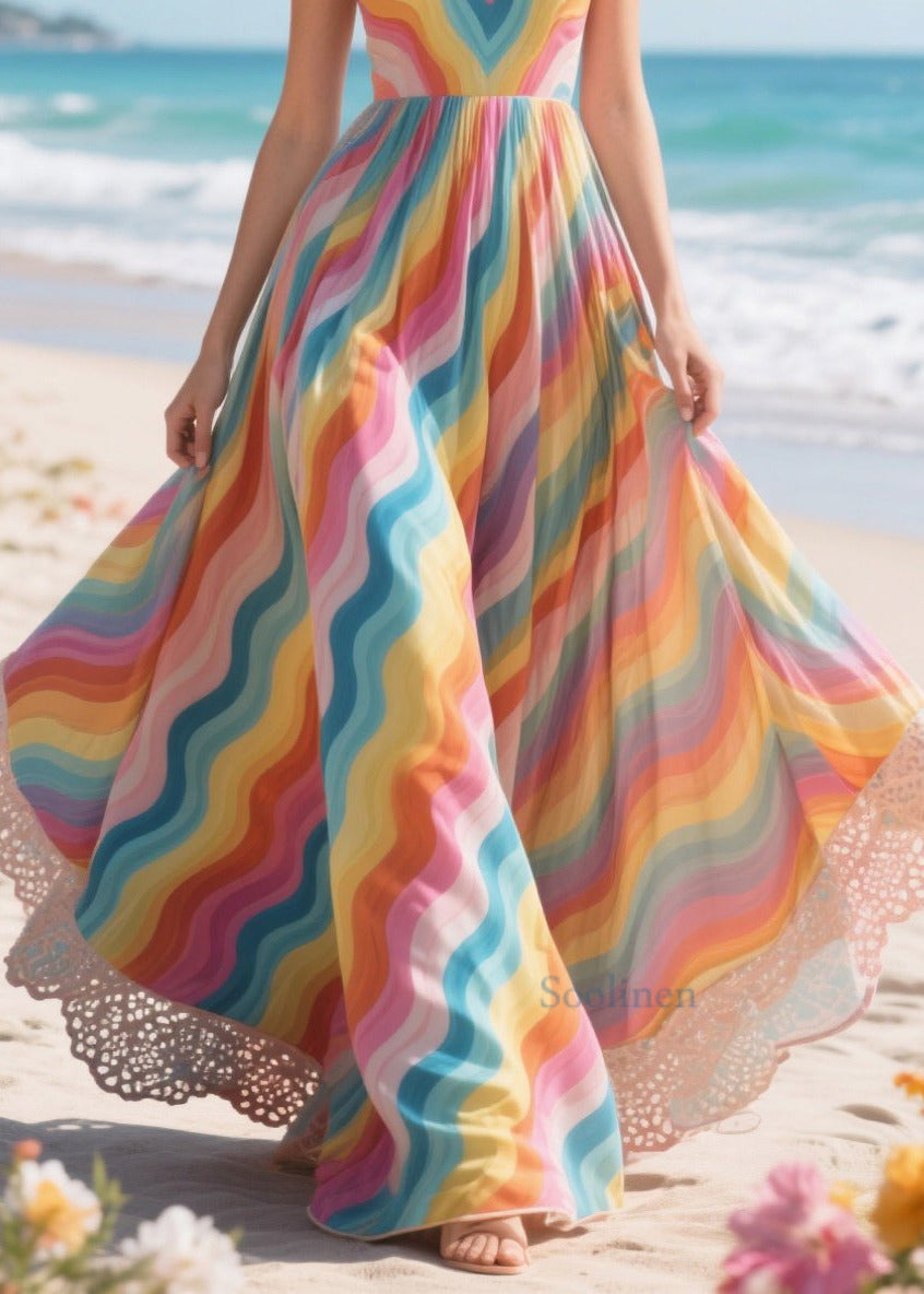 Rainbow Patchwork Exra Large Hem Chiffon Vacation Dress Summer