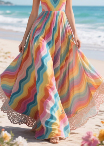 Rainbow Patchwork Exra Large Hem Chiffon Vacation Dress Summer