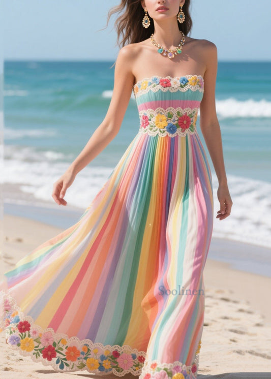 Rainbow Striped Patchwork Flower Chiffon Strapless Dress Summer