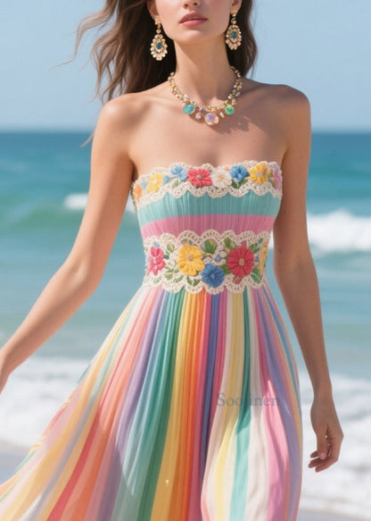 Rainbow Striped Patchwork Flower Chiffon Strapless Dress Summer