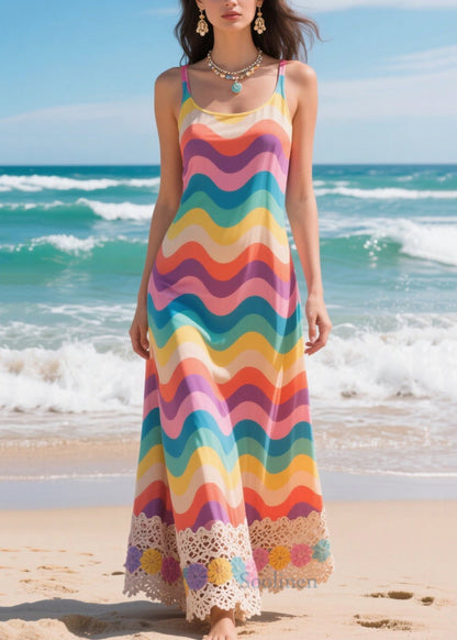 Rainbow Striped Patchwork Lace Chiffon Cami Dresses Summer
