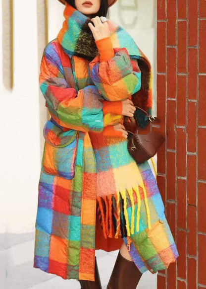 Rainbow Turtleneck Pockets Plaid Long Parka Winter