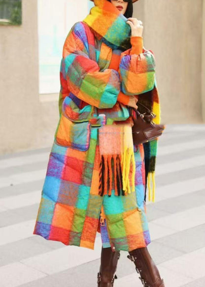 Rainbow Turtleneck Pockets Plaid Long Parka Winter