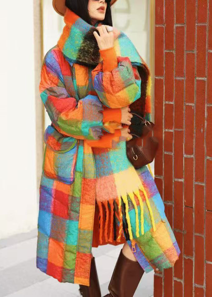 Rainbow Turtleneck Pockets Plaid Long Parka Winter