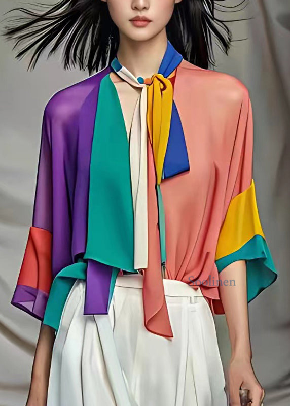 Rainbow V Neck Bow Chiffon Shirt Half Sleeve