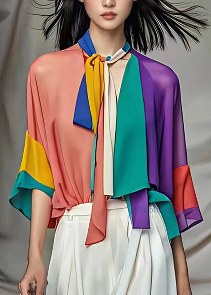 Rainbow V Neck Bow Chiffon Shirt Half Sleeve
