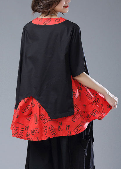 Red Asymmetrical Print Patchwork Cotton T Shirt Top Summer