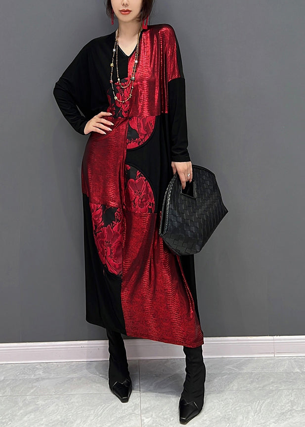 Red Black V Neck Print Patchwork Cotton Long Dress Fall