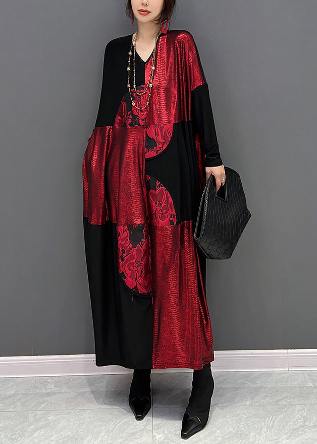 Red Black V Neck Print Patchwork Cotton Long Dress Fall