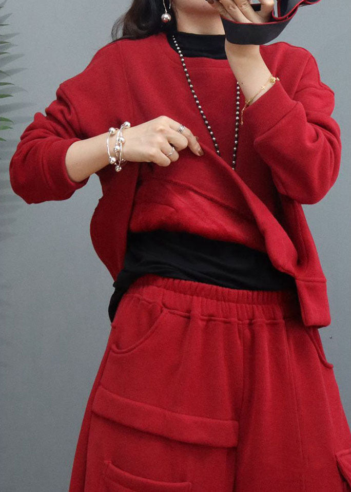 Red Cinched Patchwork Warm Fleece Sets 2 Pieces Winter