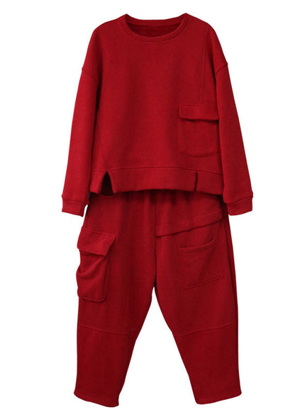 Casual Red Cinched Patchwork Warm Fleece Women Sets 2 Pieces Winter