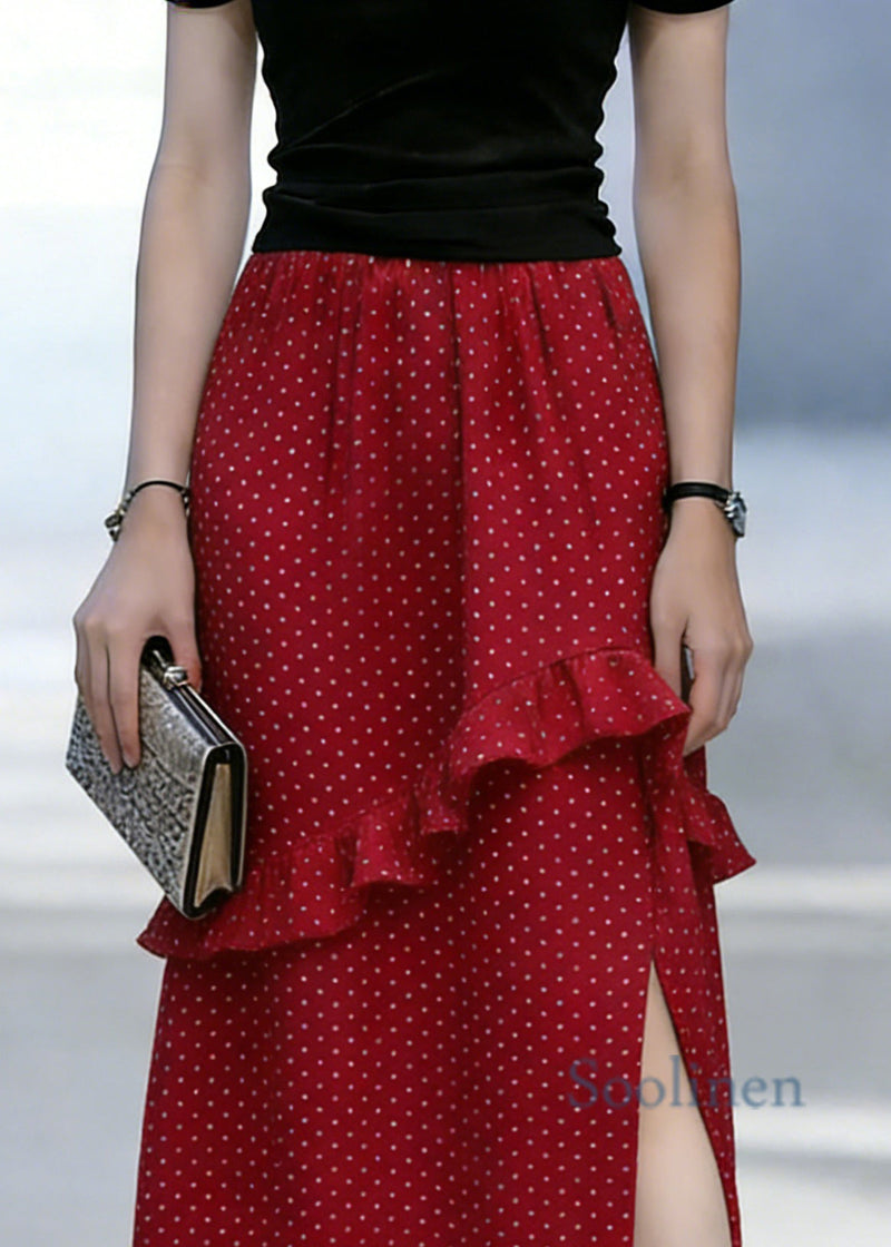 Red Dot Print Ruffled Side Open Chiffon Skirt