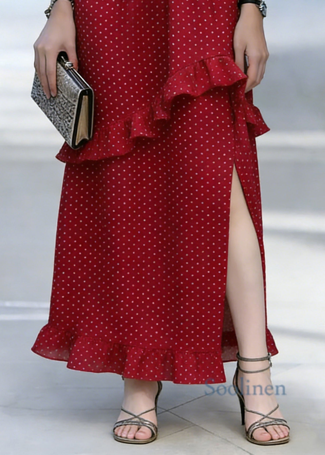Red Dot Print Ruffled Side Open Chiffon Skirt