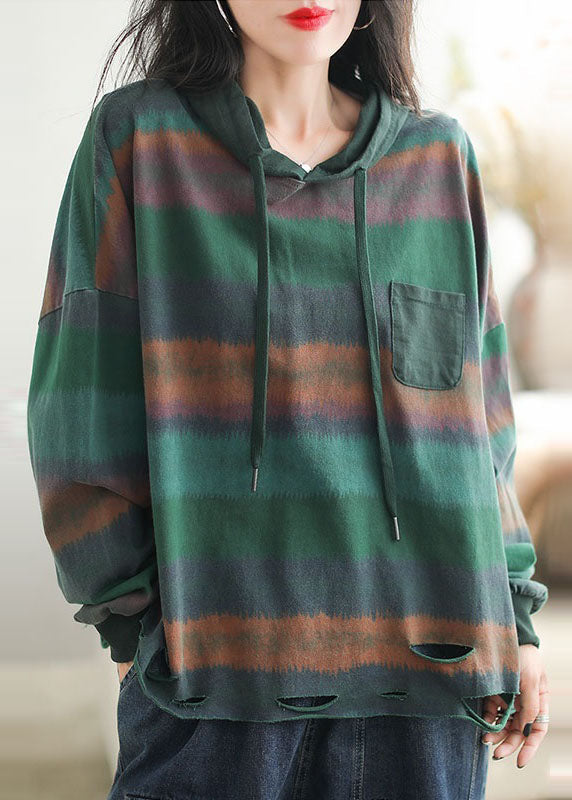 Red Drawstring Striped Hole Hooded Sweatshirt Long Sleeve