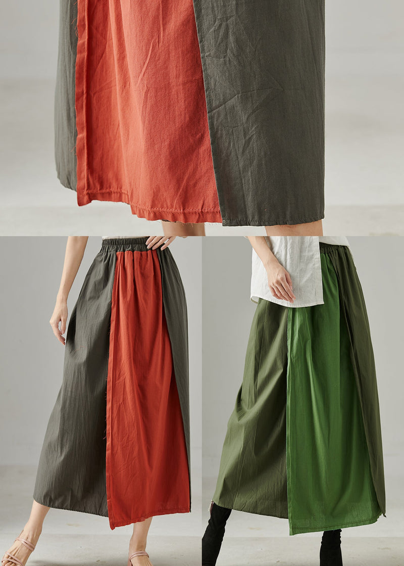 Red Elastic Waist Patchwork Cotton Skirts Fall