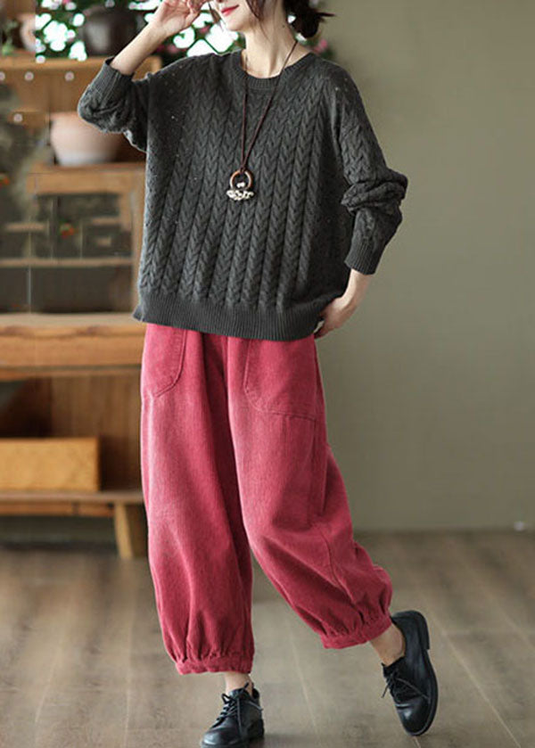 Red Elastic Waist Pockets Warm Fleece Corduroy Harem Pants Winter