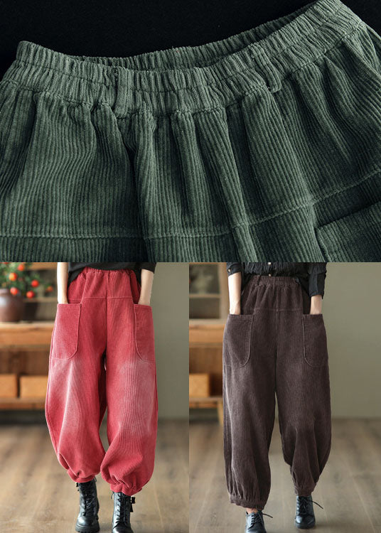 Red Elastic Waist Pockets Warm Fleece Corduroy Harem Pants Winter