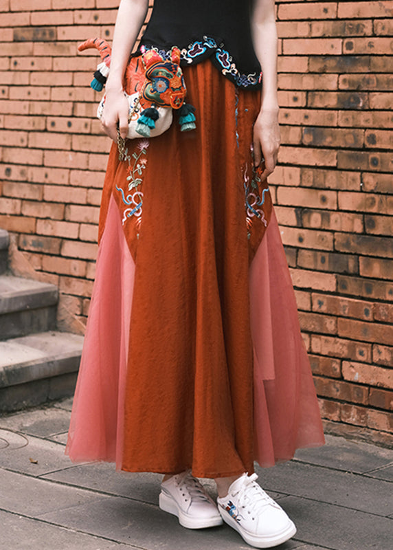 Red Embroideried Tulle a Line Skirt Summer