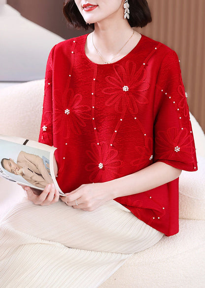 Red Embroidered Nail Bead T Shirts Summer
