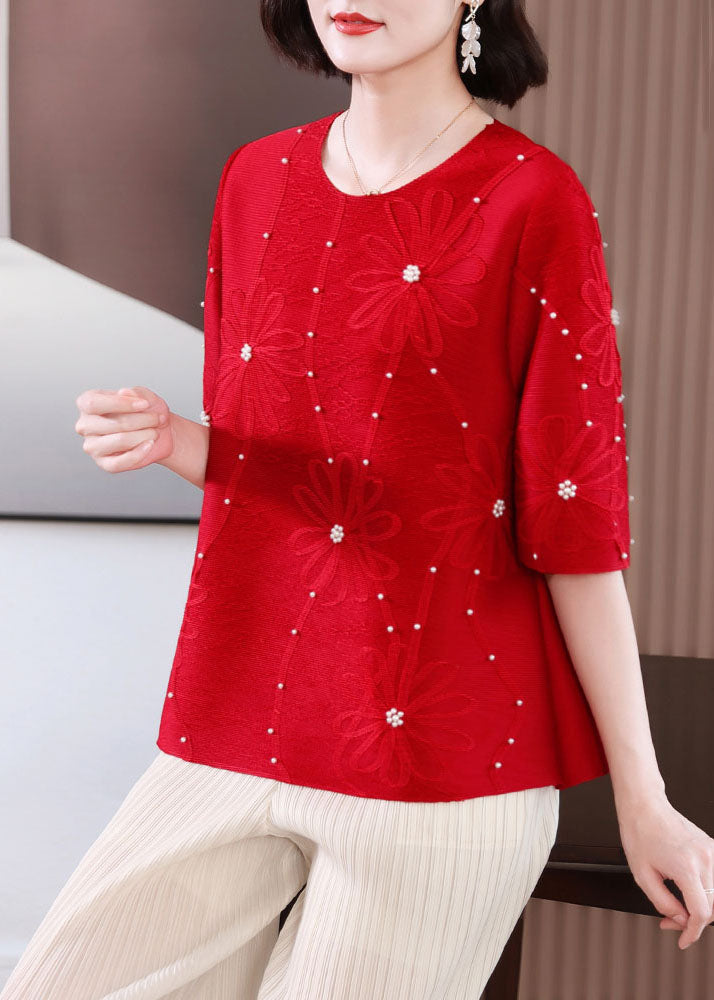 Red Embroidered Nail Bead T Shirts Summer