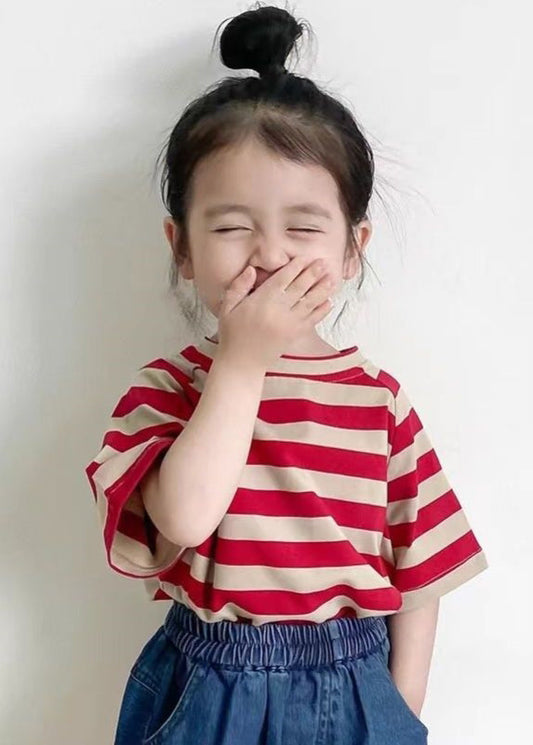 Red Striped Patchwork Tops Short Sleeve