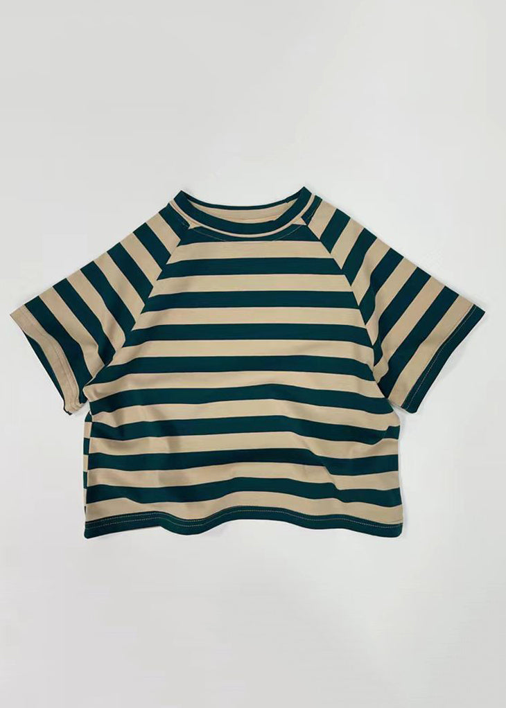 Red Striped Patchwork Tops Short Sleeve