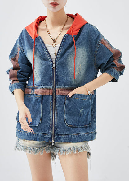 Red Hooded Patchwork Denim Coats Fall