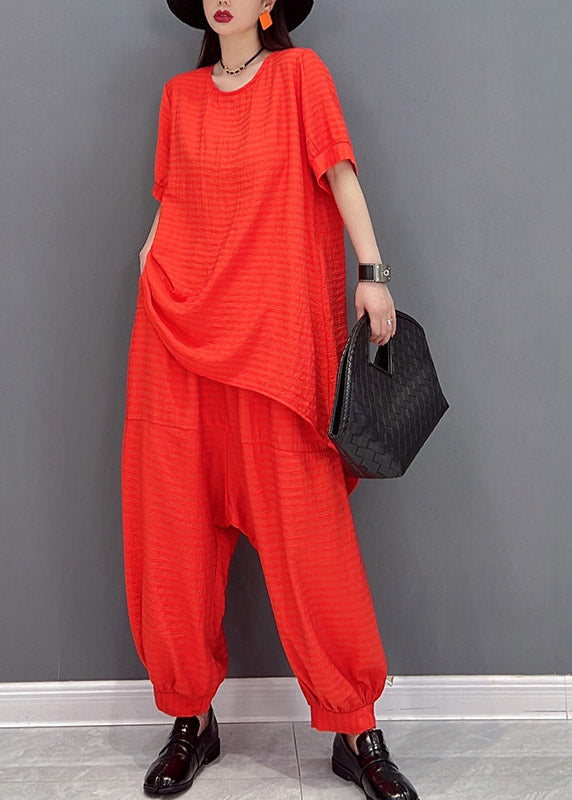 Red Linen Top and Harem Pants Two Pieces Set Summer