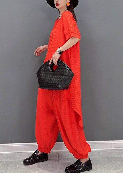 Red Linen Top and Harem Pants Two Pieces Set Summer