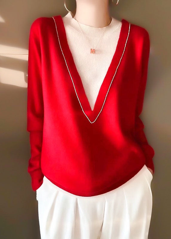 Red Nail Bead Patchwork Fake Two Pieces Wool Knit Sweater Long Sleeve
