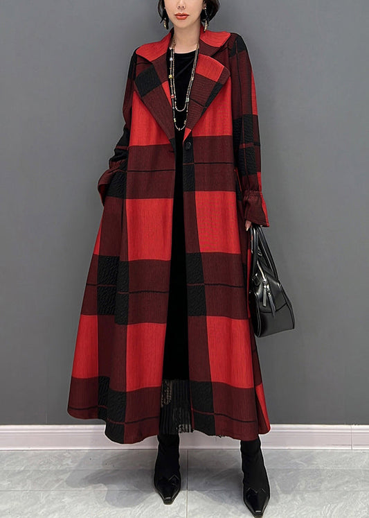 Red Notched Plaid Tie Waist Long Coats Fall