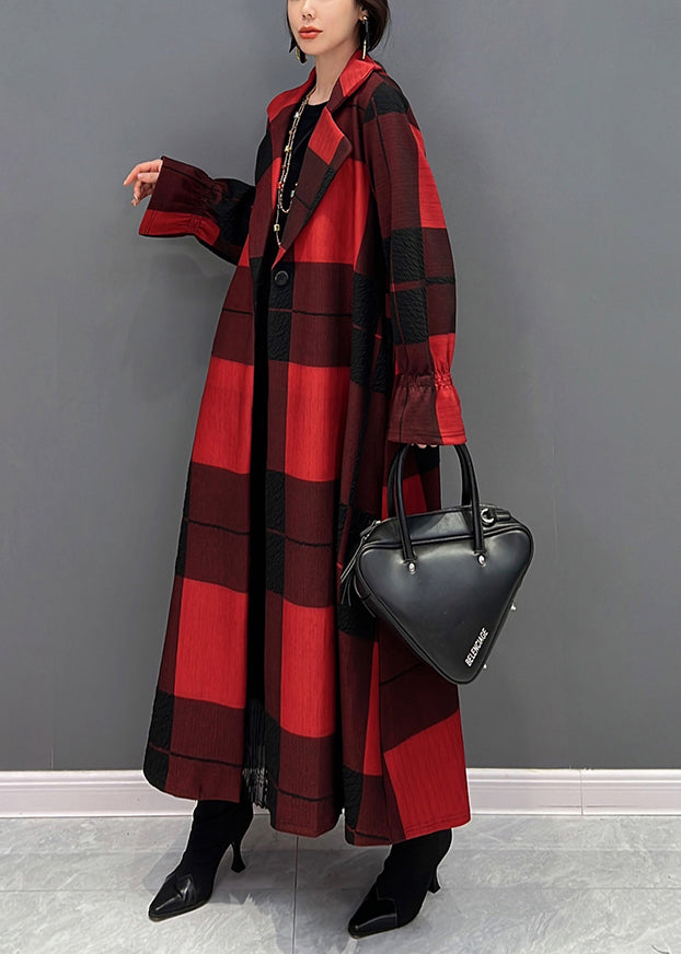 Red Notched Plaid Tie Waist Long Coats Fall