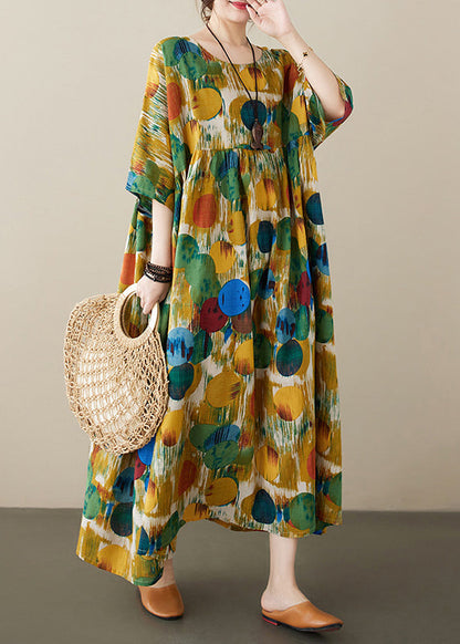 Red O-nec Print Wrinkled Maxi Dresses Half Sleeve
