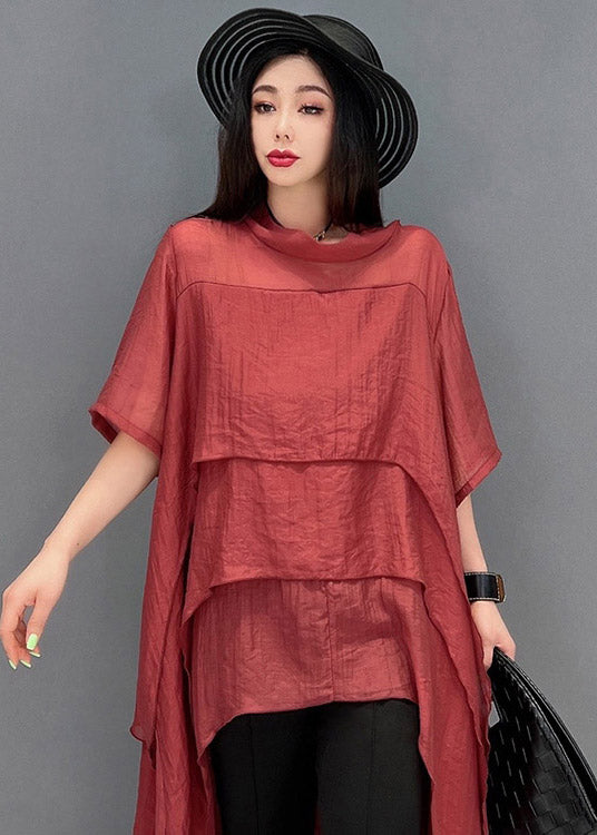 Red O-neck Asymmetrical Patchwork Dresses Short Sleeve