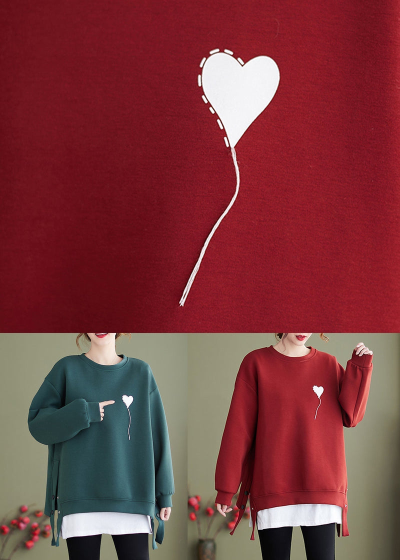 Red O Neck Heart Print Cotton Sweatshirt Winter
