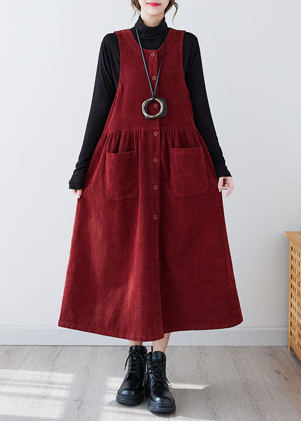 Red O-neck Patchwork Pockets Corduroy Maxi Dress Winter