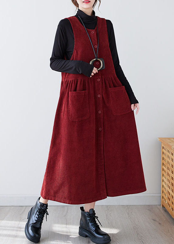 Red O-neck Patchwork Pockets Corduroy Maxi Dress Winter