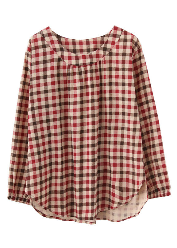 Red O-neck Plaid Cotton Loose Tops Spring