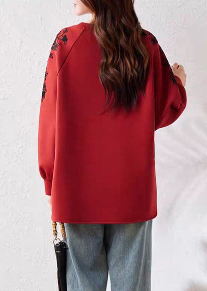 Casual Red O Neck Print Cotton Sweatshirts Fall