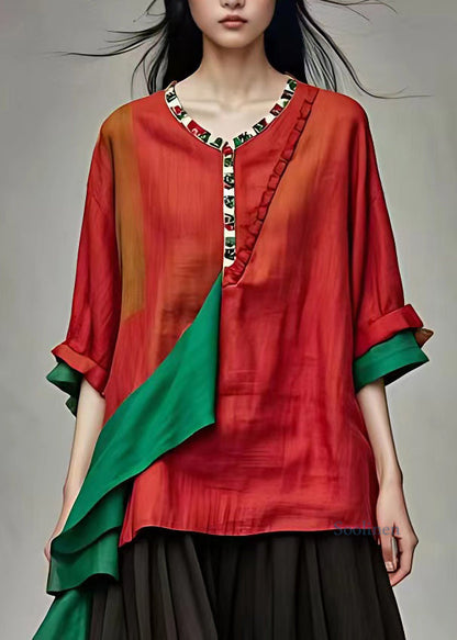 Red O-neck Print Patchwork Tops Summer